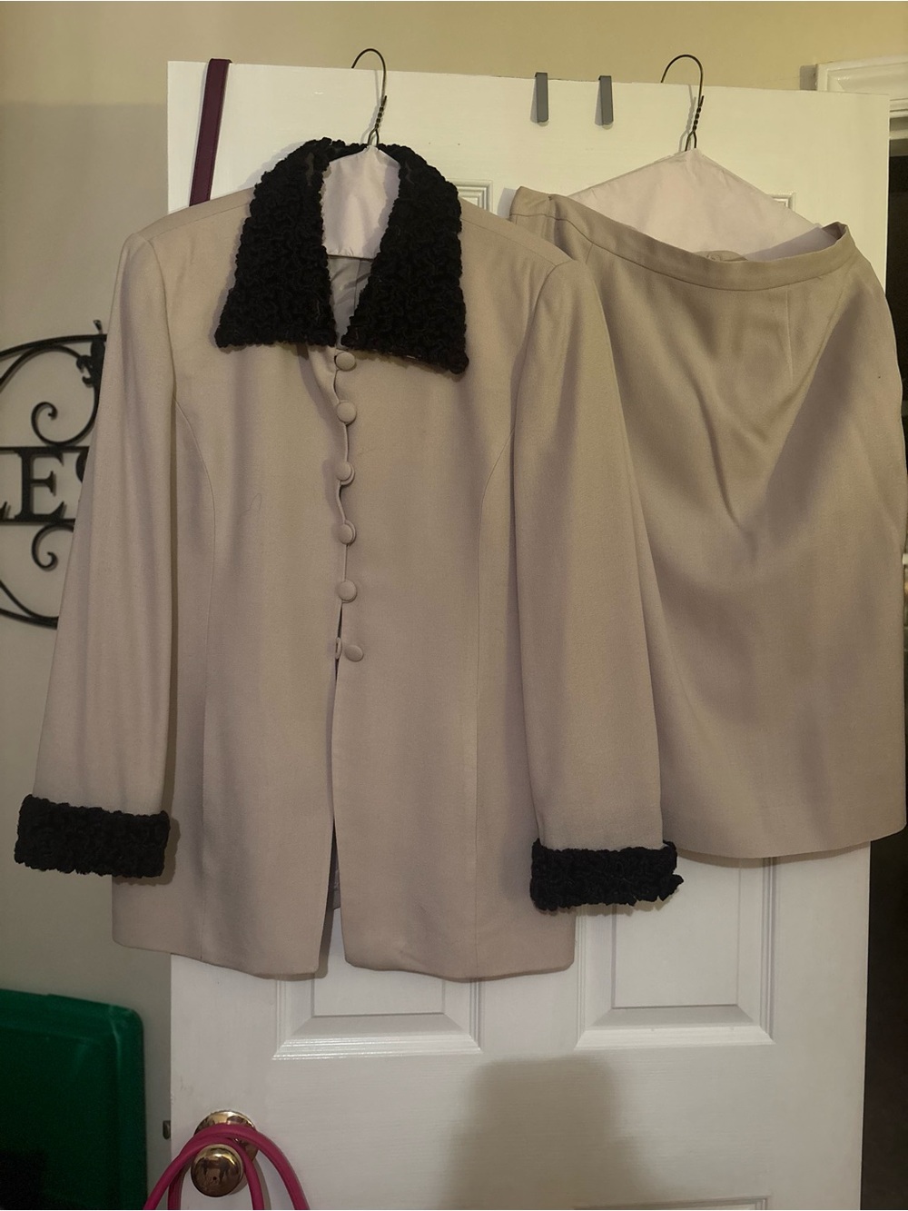 Jones New York Cream Two-Piece Jacket and Skirt with Black Trim